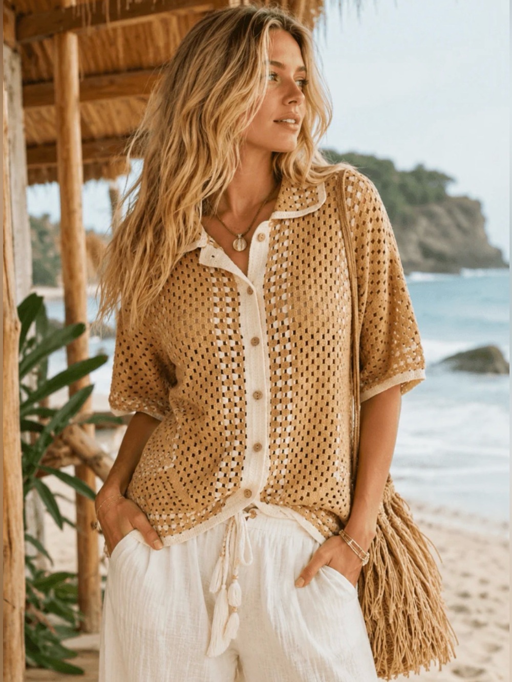 🌟B695. Boho Chic Crochet Knit Button Up in Tan and Cream